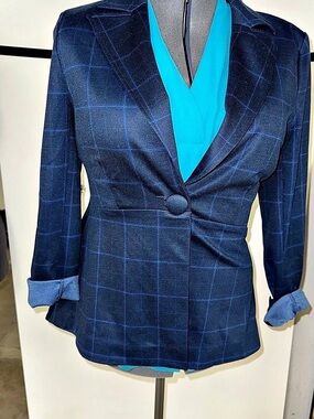 Cabi Sunset Kiss Blazer Plaid Blue Size 14